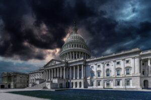The US Capitol Building in Washington, DC, USA, against a stormy sky